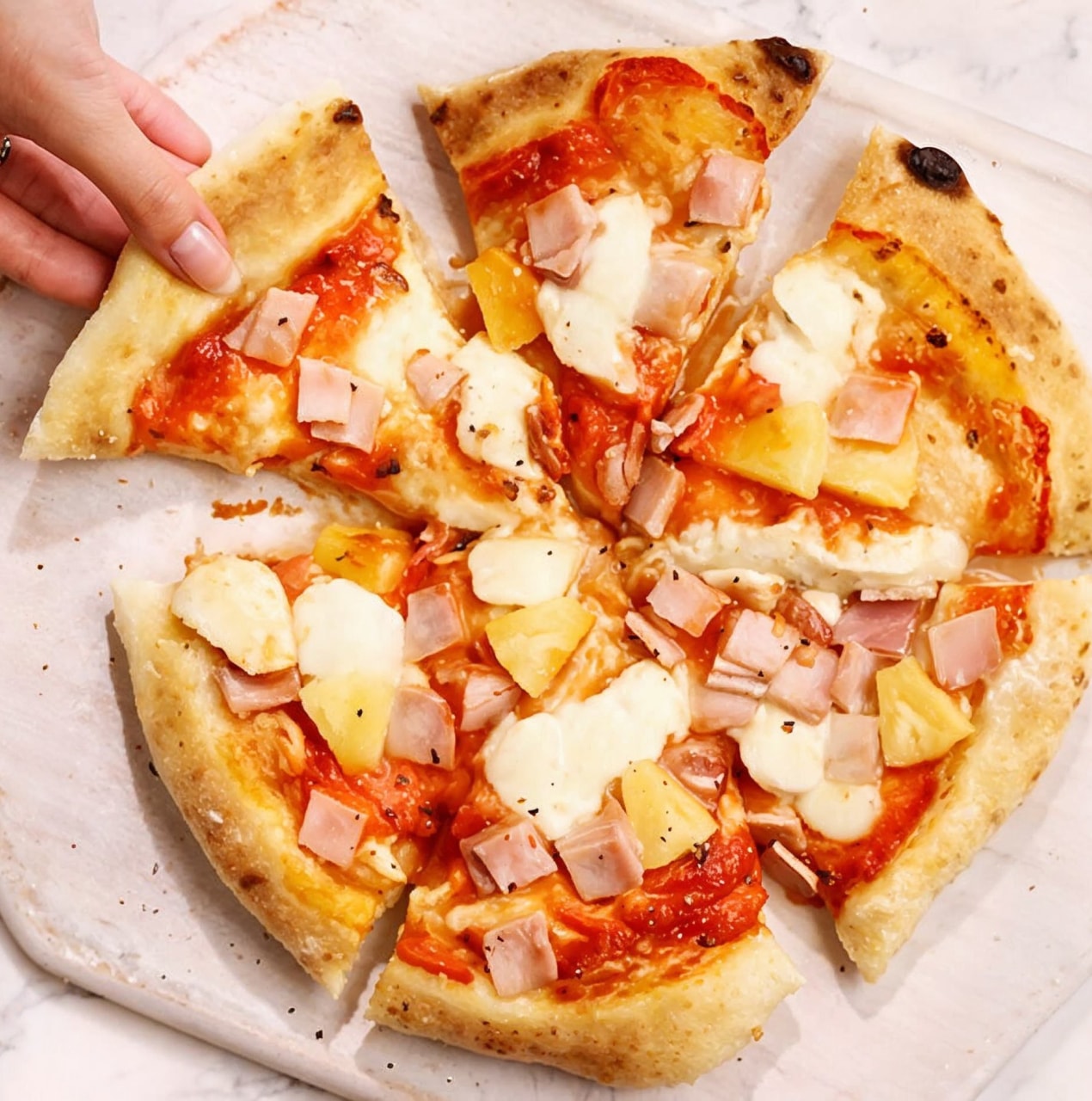 A delicious ham, pineapple and mozzarella pizza made with Allinson's Strong White Bread Flour and Yeast products